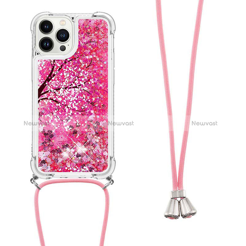 Silicone Candy Rubber TPU Bling-Bling Soft Case Cover with Lanyard Strap S02 for Apple iPhone 14 Pro Max Red