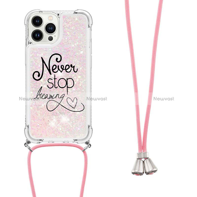 Silicone Candy Rubber TPU Bling-Bling Soft Case Cover with Lanyard Strap S02 for Apple iPhone 14 Pro Max Rose Gold