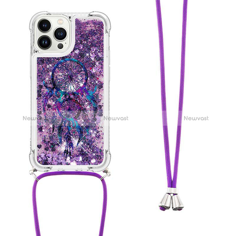 Silicone Candy Rubber TPU Bling-Bling Soft Case Cover with Lanyard Strap S02 for Apple iPhone 14 Pro Purple