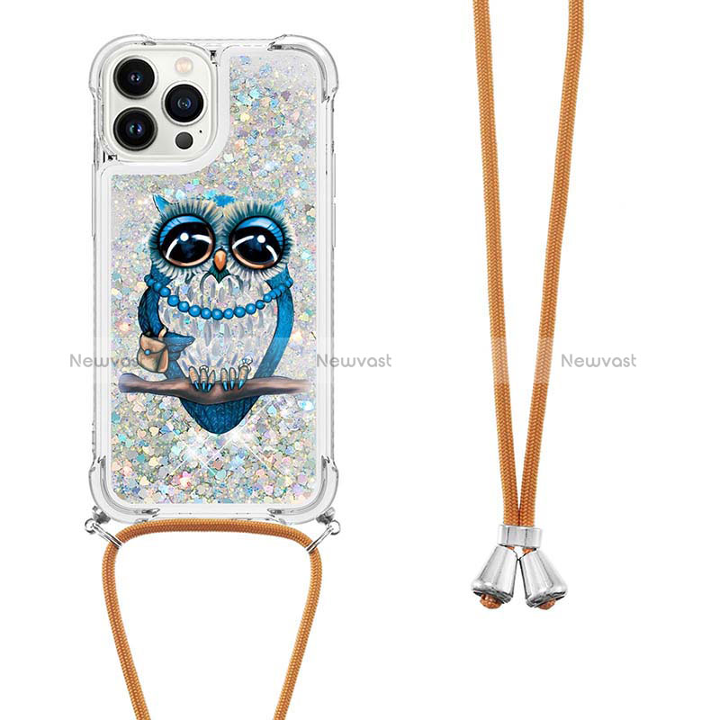 Silicone Candy Rubber TPU Bling-Bling Soft Case Cover with Lanyard Strap S02 for Apple iPhone 14 Pro Silver