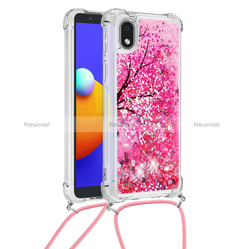 Silicone Candy Rubber TPU Bling-Bling Soft Case Cover with Lanyard Strap S02 for Samsung Galaxy A01 Core Hot Pink