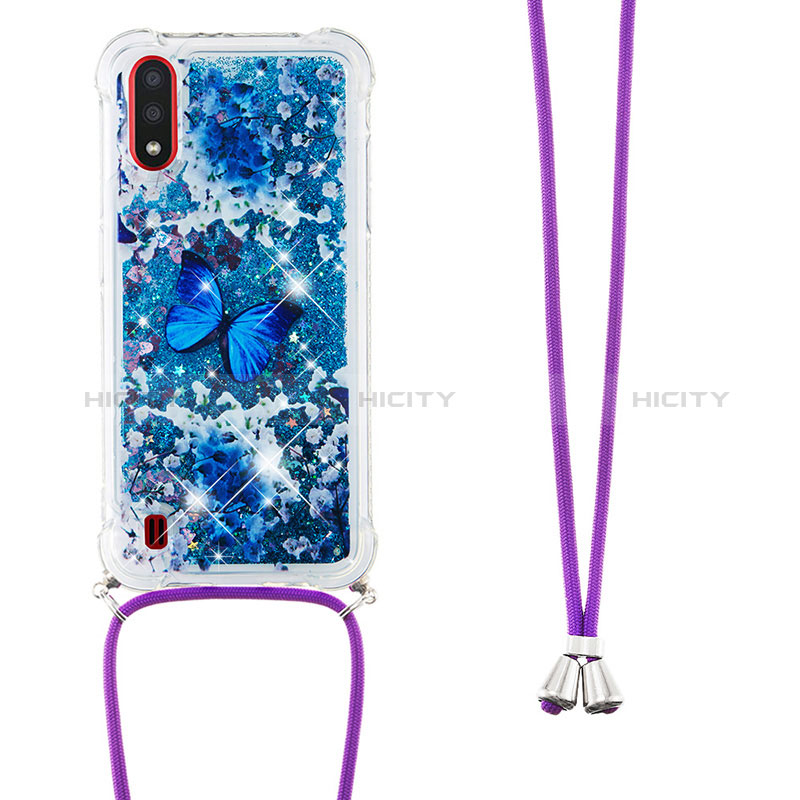 Silicone Candy Rubber TPU Bling-Bling Soft Case Cover with Lanyard Strap S02 for Samsung Galaxy A01 SM-A015 Blue