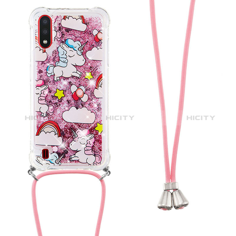 Silicone Candy Rubber TPU Bling-Bling Soft Case Cover with Lanyard Strap S02 for Samsung Galaxy A01 SM-A015 Red
