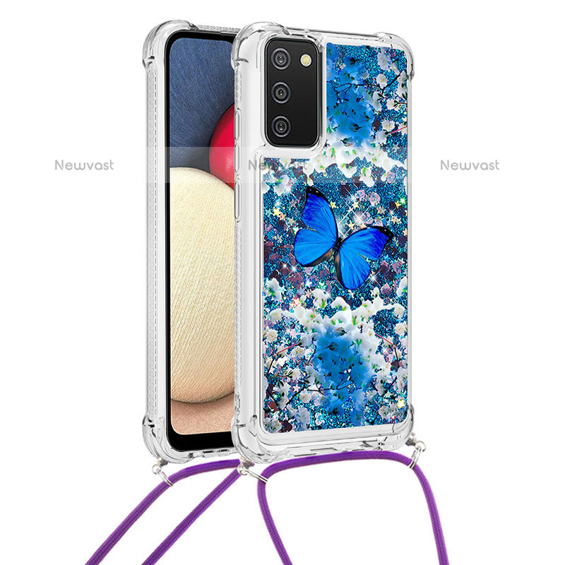Silicone Candy Rubber TPU Bling-Bling Soft Case Cover with Lanyard Strap S02 for Samsung Galaxy A02s Blue