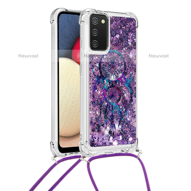 Silicone Candy Rubber TPU Bling-Bling Soft Case Cover with Lanyard Strap S02 for Samsung Galaxy A02s Purple