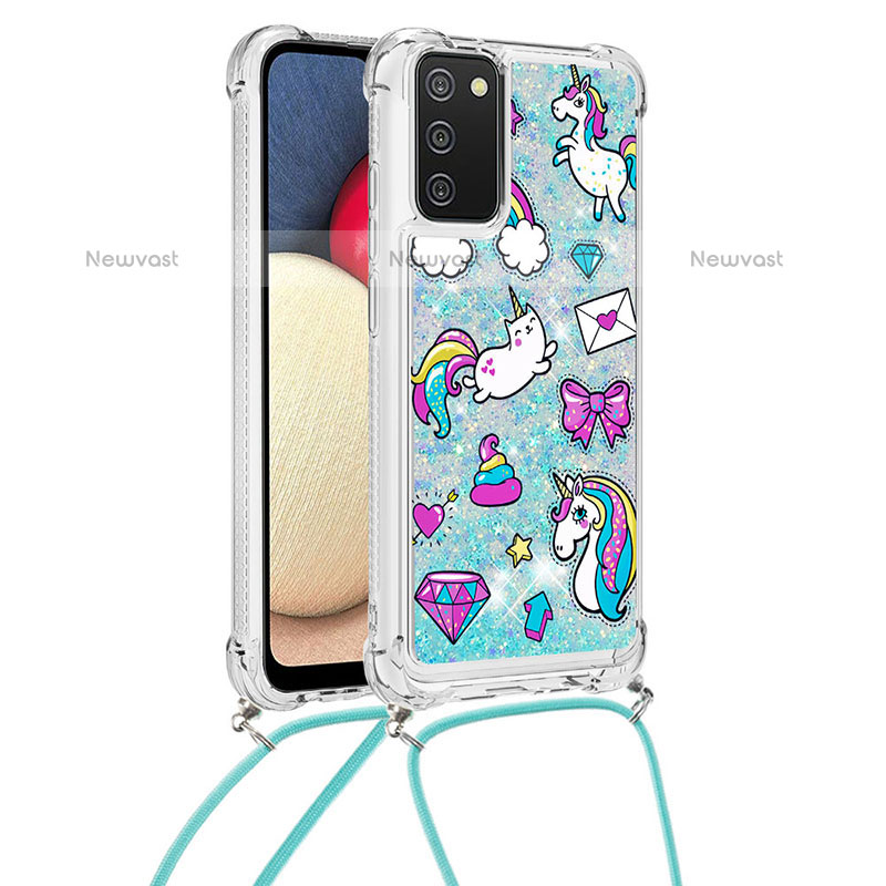 Silicone Candy Rubber TPU Bling-Bling Soft Case Cover with Lanyard Strap S02 for Samsung Galaxy A02s Sky Blue
