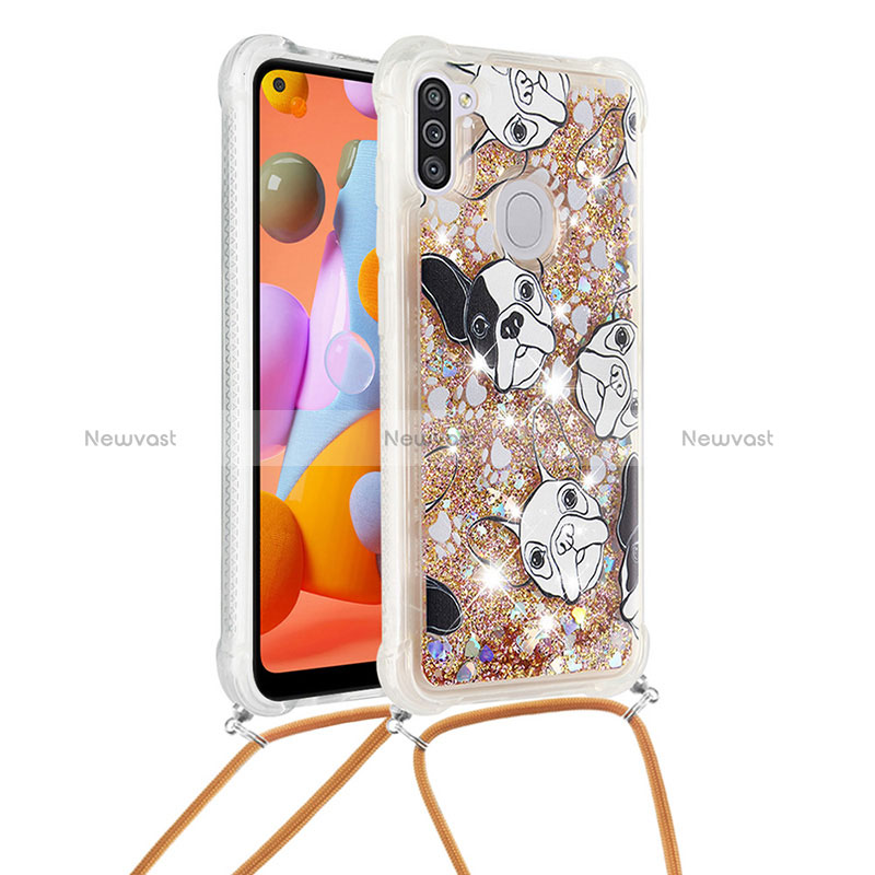 Silicone Candy Rubber TPU Bling-Bling Soft Case Cover with Lanyard Strap S02 for Samsung Galaxy A11 Gold