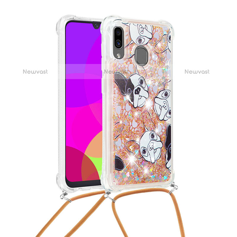 Silicone Candy Rubber TPU Bling-Bling Soft Case Cover with Lanyard Strap S02 for Samsung Galaxy A20 Gold