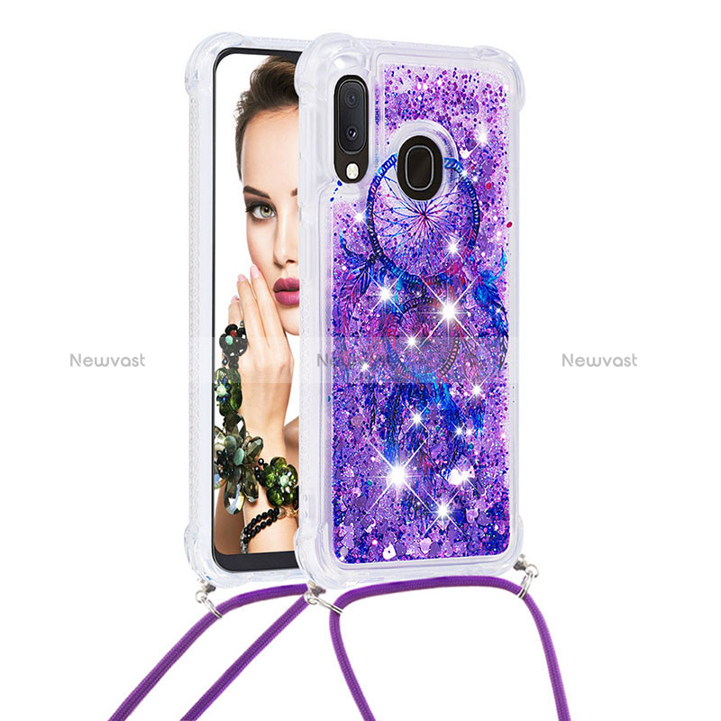 Silicone Candy Rubber TPU Bling-Bling Soft Case Cover with Lanyard Strap S02 for Samsung Galaxy A20e Purple