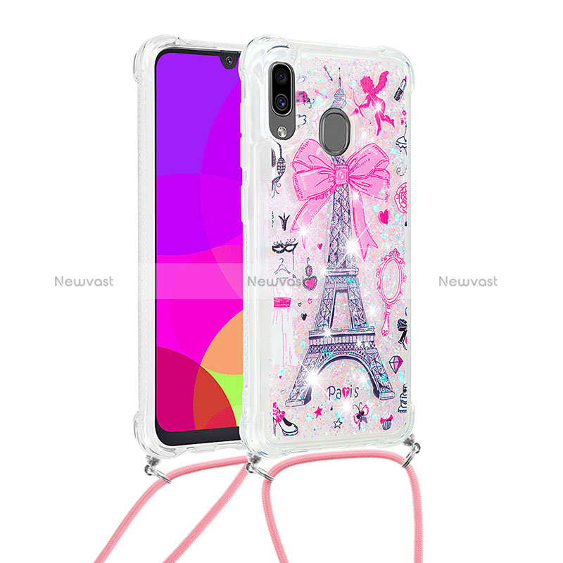 Silicone Candy Rubber TPU Bling-Bling Soft Case Cover with Lanyard Strap S02 for Samsung Galaxy A30 Pink