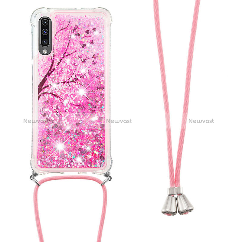 Silicone Candy Rubber TPU Bling-Bling Soft Case Cover with Lanyard Strap S02 for Samsung Galaxy A30S Hot Pink