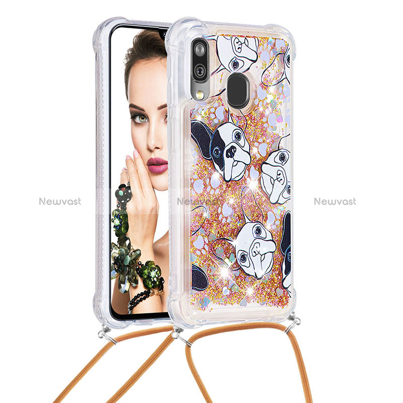 Silicone Candy Rubber TPU Bling-Bling Soft Case Cover with Lanyard Strap S02 for Samsung Galaxy A40 Gold