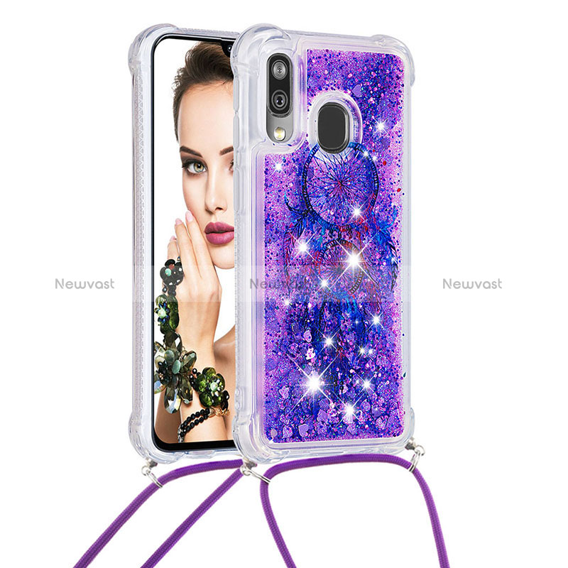 Silicone Candy Rubber TPU Bling-Bling Soft Case Cover with Lanyard Strap S02 for Samsung Galaxy A40 Purple
