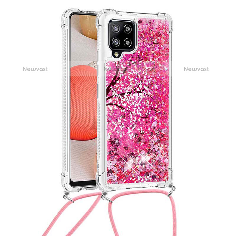 Silicone Candy Rubber TPU Bling-Bling Soft Case Cover with Lanyard Strap S02 for Samsung Galaxy A42 5G Hot Pink