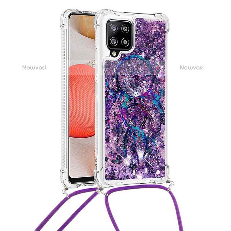 Silicone Candy Rubber TPU Bling-Bling Soft Case Cover with Lanyard Strap S02 for Samsung Galaxy A42 5G Purple