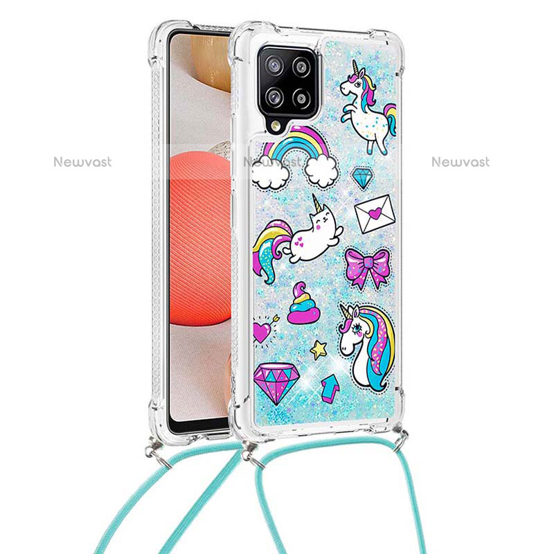 Silicone Candy Rubber TPU Bling-Bling Soft Case Cover with Lanyard Strap S02 for Samsung Galaxy A42 5G Sky Blue