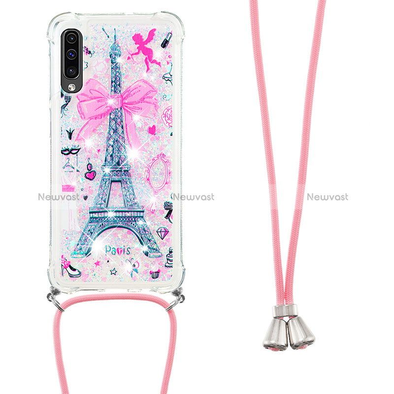 Silicone Candy Rubber TPU Bling-Bling Soft Case Cover with Lanyard Strap S02 for Samsung Galaxy A50