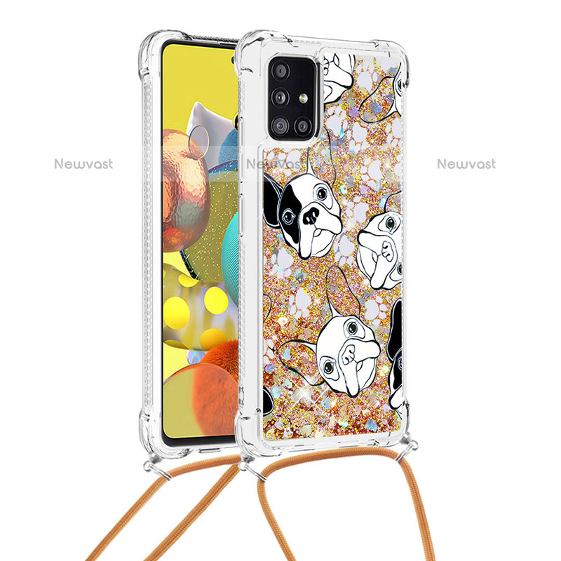 Silicone Candy Rubber TPU Bling-Bling Soft Case Cover with Lanyard Strap S02 for Samsung Galaxy A51 4G Gold