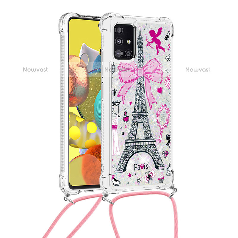 Silicone Candy Rubber TPU Bling-Bling Soft Case Cover with Lanyard Strap S02 for Samsung Galaxy A51 4G Pink