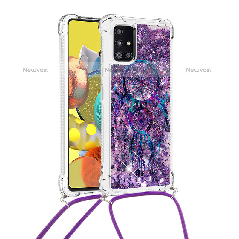 Silicone Candy Rubber TPU Bling-Bling Soft Case Cover with Lanyard Strap S02 for Samsung Galaxy A51 4G Purple