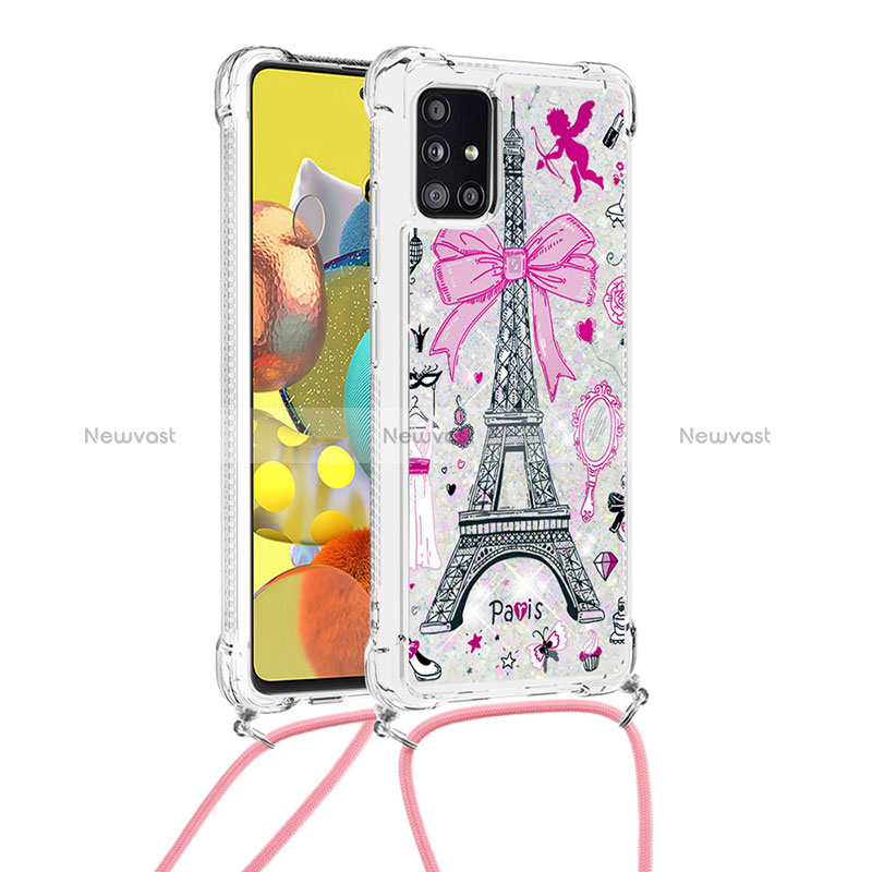 Silicone Candy Rubber TPU Bling-Bling Soft Case Cover with Lanyard Strap S02 for Samsung Galaxy A51 5G