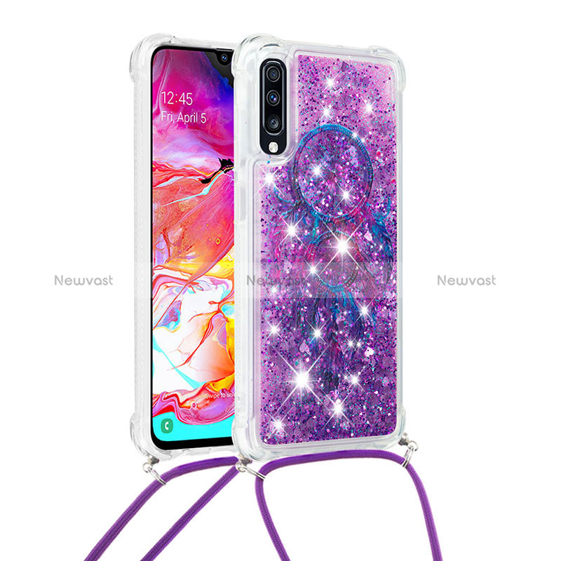 Silicone Candy Rubber TPU Bling-Bling Soft Case Cover with Lanyard Strap S02 for Samsung Galaxy A70 Purple
