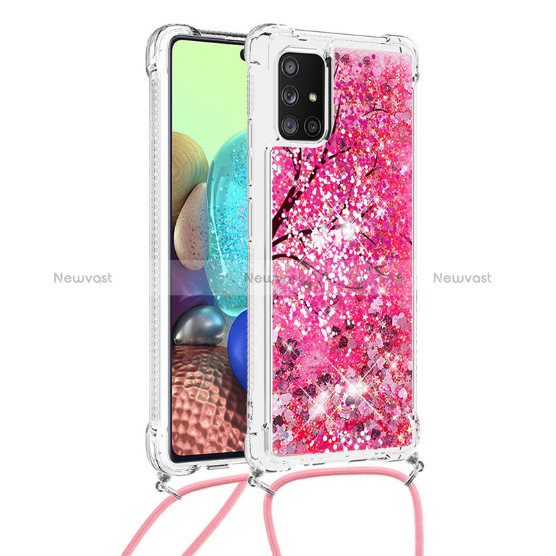 Silicone Candy Rubber TPU Bling-Bling Soft Case Cover with Lanyard Strap S02 for Samsung Galaxy A71 5G Hot Pink