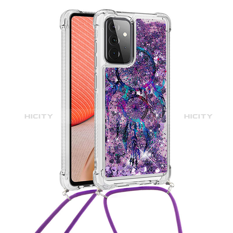 Silicone Candy Rubber TPU Bling-Bling Soft Case Cover with Lanyard Strap S02 for Samsung Galaxy A72 5G Purple