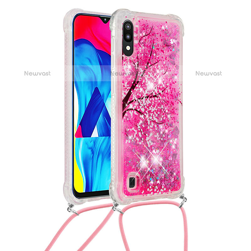 Silicone Candy Rubber TPU Bling-Bling Soft Case Cover with Lanyard Strap S02 for Samsung Galaxy M10 Hot Pink