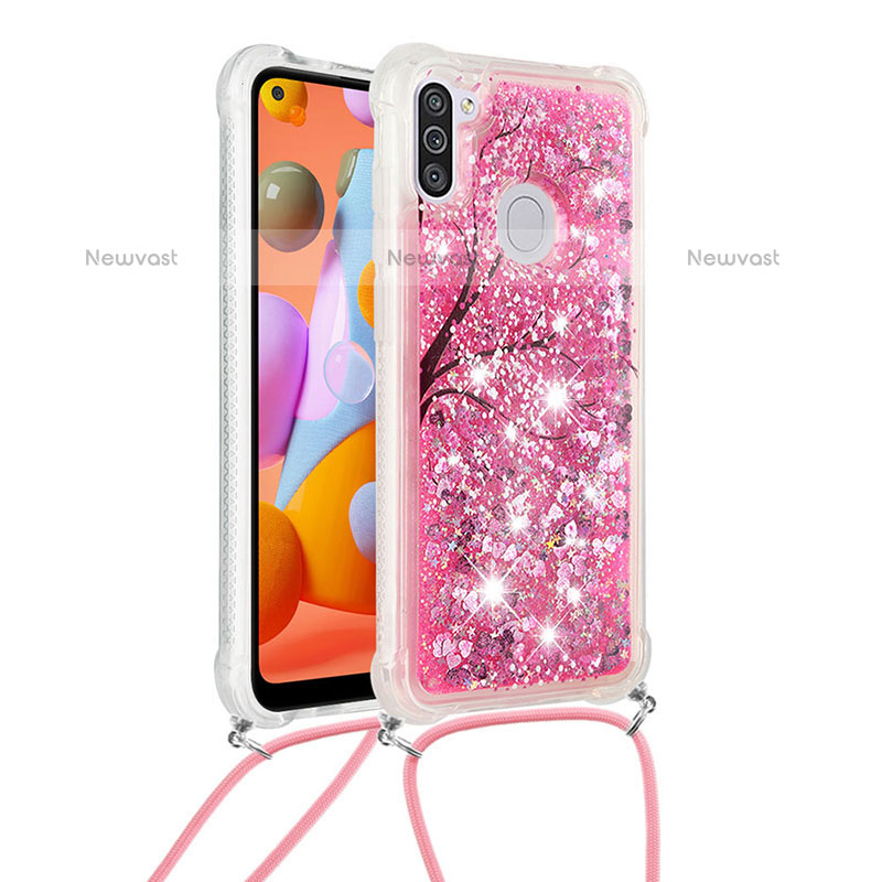 Silicone Candy Rubber TPU Bling-Bling Soft Case Cover with Lanyard Strap S02 for Samsung Galaxy M11 Hot Pink