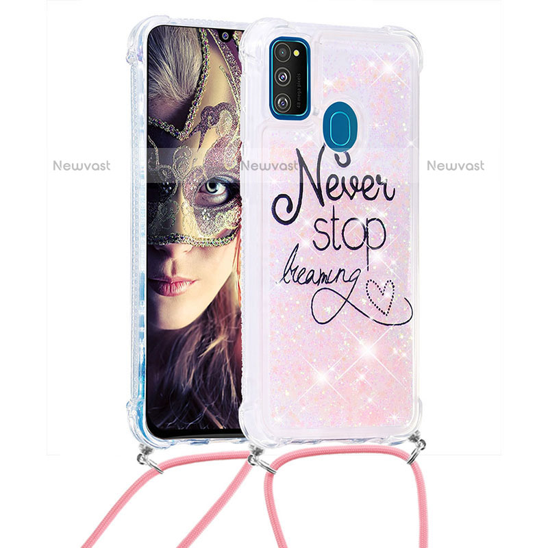 Silicone Candy Rubber TPU Bling-Bling Soft Case Cover with Lanyard Strap S02 for Samsung Galaxy M21