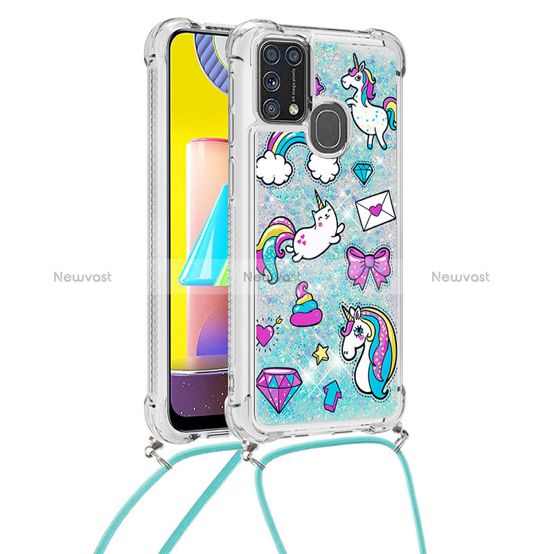 Silicone Candy Rubber TPU Bling-Bling Soft Case Cover with Lanyard Strap S02 for Samsung Galaxy M21s Sky Blue