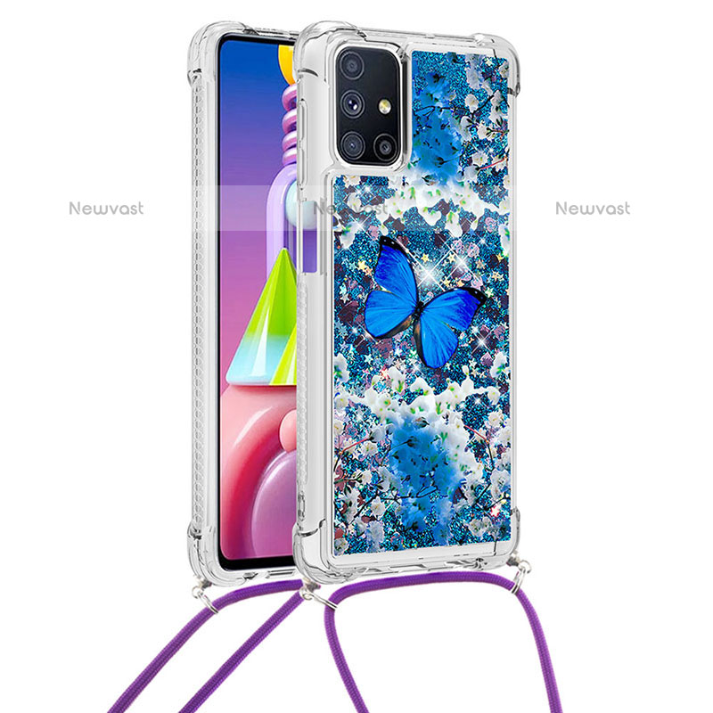 Silicone Candy Rubber TPU Bling-Bling Soft Case Cover with Lanyard Strap S02 for Samsung Galaxy M51 Blue