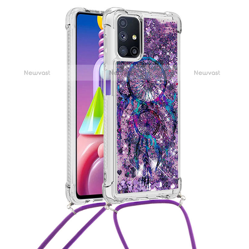 Silicone Candy Rubber TPU Bling-Bling Soft Case Cover with Lanyard Strap S02 for Samsung Galaxy M51 Purple