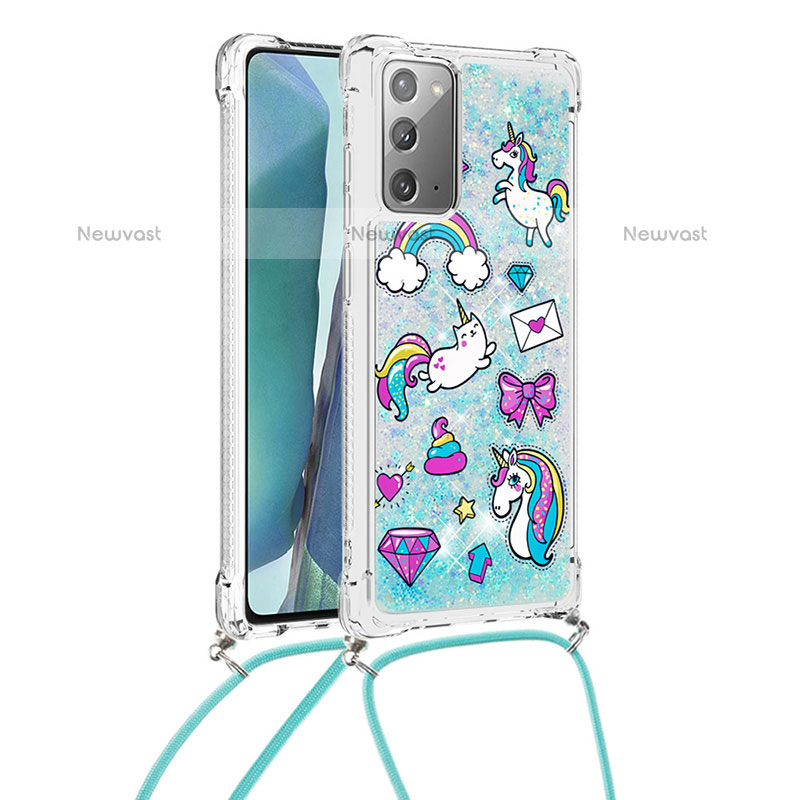 Silicone Candy Rubber TPU Bling-Bling Soft Case Cover with Lanyard Strap S02 for Samsung Galaxy Note 20 5G Sky Blue