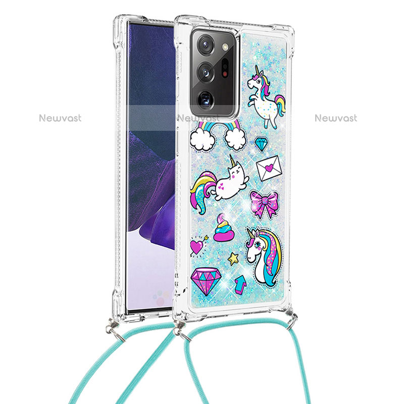 Silicone Candy Rubber TPU Bling-Bling Soft Case Cover with Lanyard Strap S02 for Samsung Galaxy Note 20 Ultra 5G Sky Blue