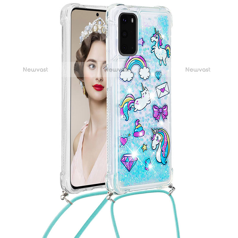 Silicone Candy Rubber TPU Bling-Bling Soft Case Cover with Lanyard Strap S02 for Samsung Galaxy S20 5G Sky Blue