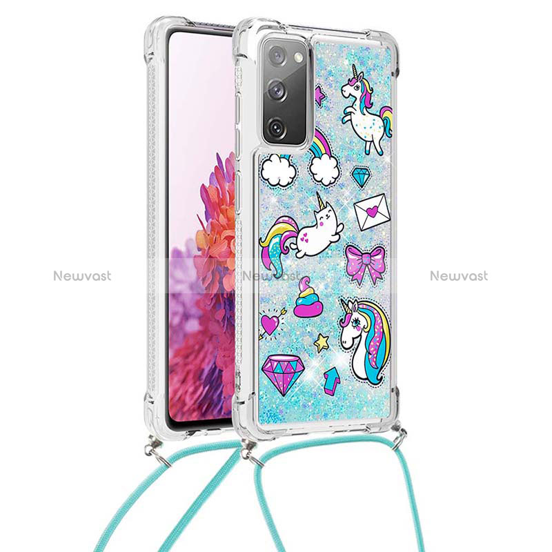 Silicone Candy Rubber TPU Bling-Bling Soft Case Cover with Lanyard Strap S02 for Samsung Galaxy S20 FE 5G Sky Blue