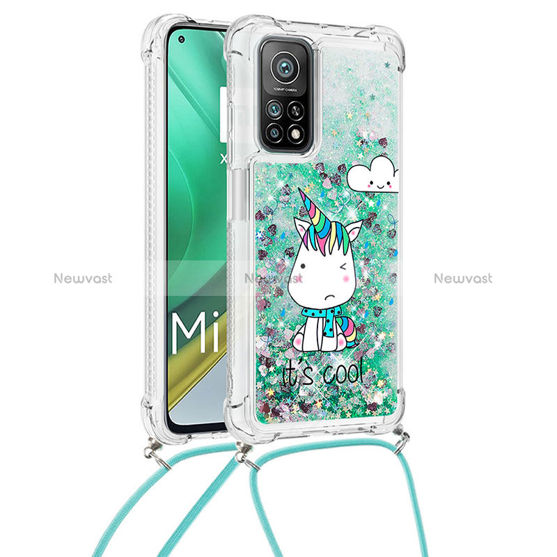 Silicone Candy Rubber TPU Bling-Bling Soft Case Cover with Lanyard Strap S02 for Xiaomi Mi 10T 5G Green