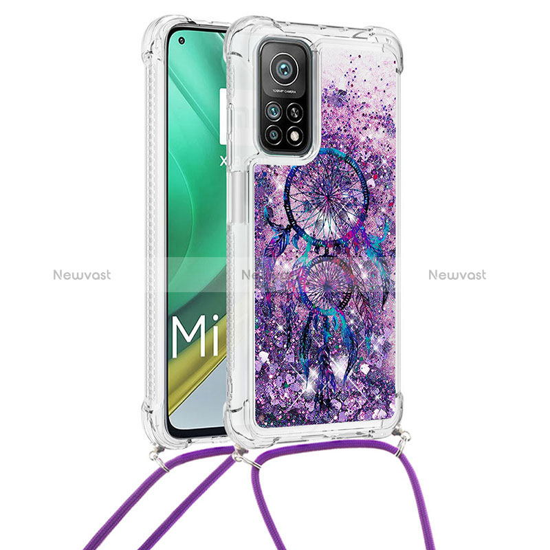 Silicone Candy Rubber TPU Bling-Bling Soft Case Cover with Lanyard Strap S02 for Xiaomi Mi 10T Pro 5G Purple