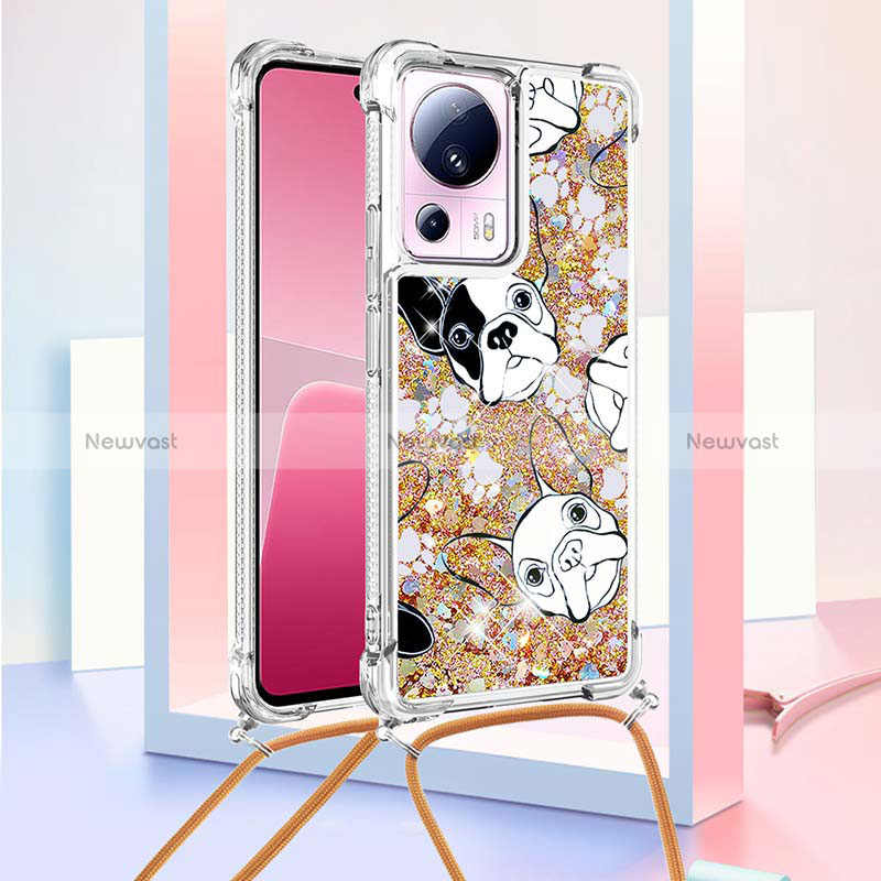 Silicone Candy Rubber TPU Bling-Bling Soft Case Cover with Lanyard Strap S02 for Xiaomi Mi 13 Lite 5G Gold