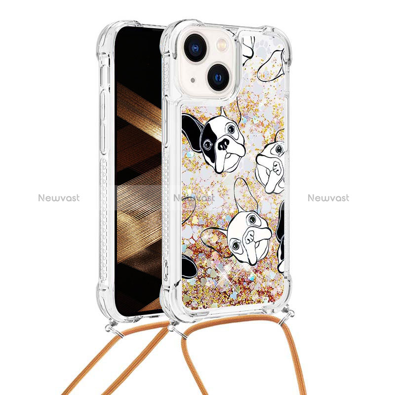 Silicone Candy Rubber TPU Bling-Bling Soft Case Cover with Lanyard Strap S03 for Apple iPhone 13 Gold