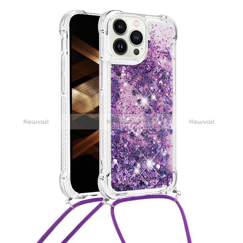 Silicone Candy Rubber TPU Bling-Bling Soft Case Cover with Lanyard Strap S03 for Apple iPhone 13 Pro Max Purple