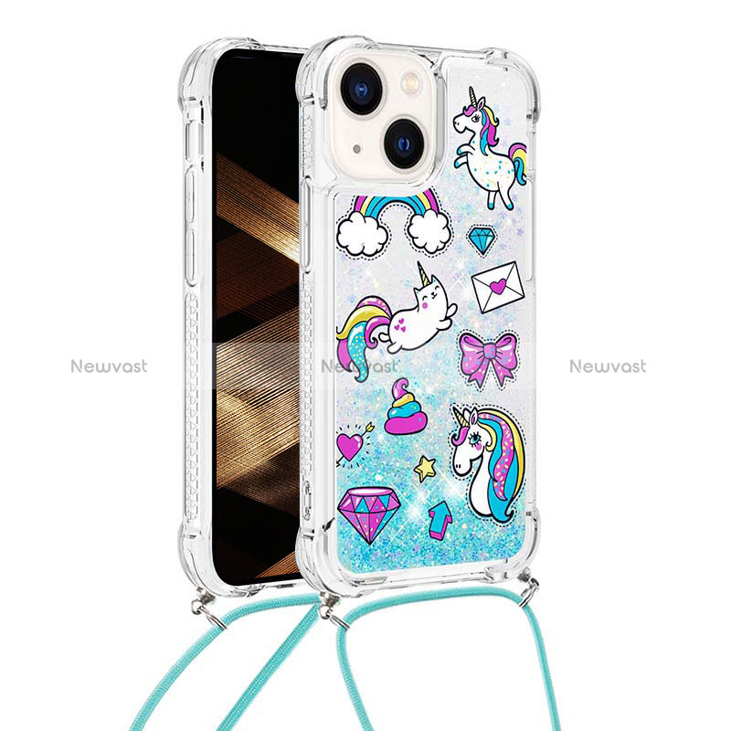 Silicone Candy Rubber TPU Bling-Bling Soft Case Cover with Lanyard Strap S03 for Apple iPhone 14 Mint Blue