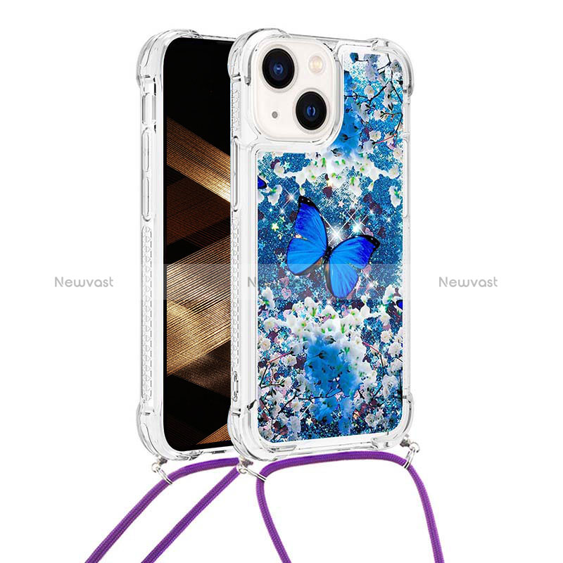 Silicone Candy Rubber TPU Bling-Bling Soft Case Cover with Lanyard Strap S03 for Apple iPhone 14 Plus Blue