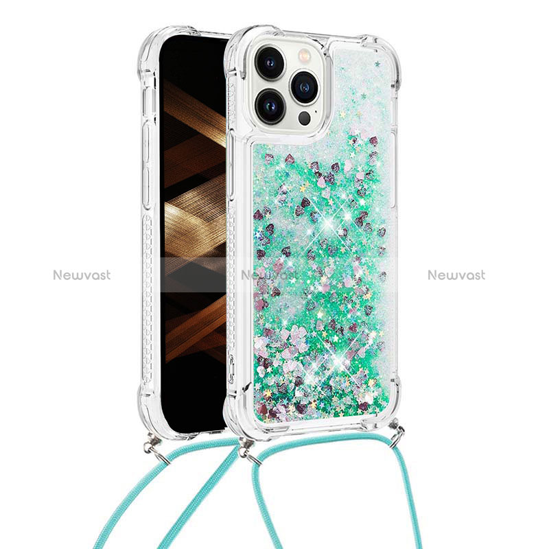 Silicone Candy Rubber TPU Bling-Bling Soft Case Cover with Lanyard Strap S03 for Apple iPhone 14 Pro Green