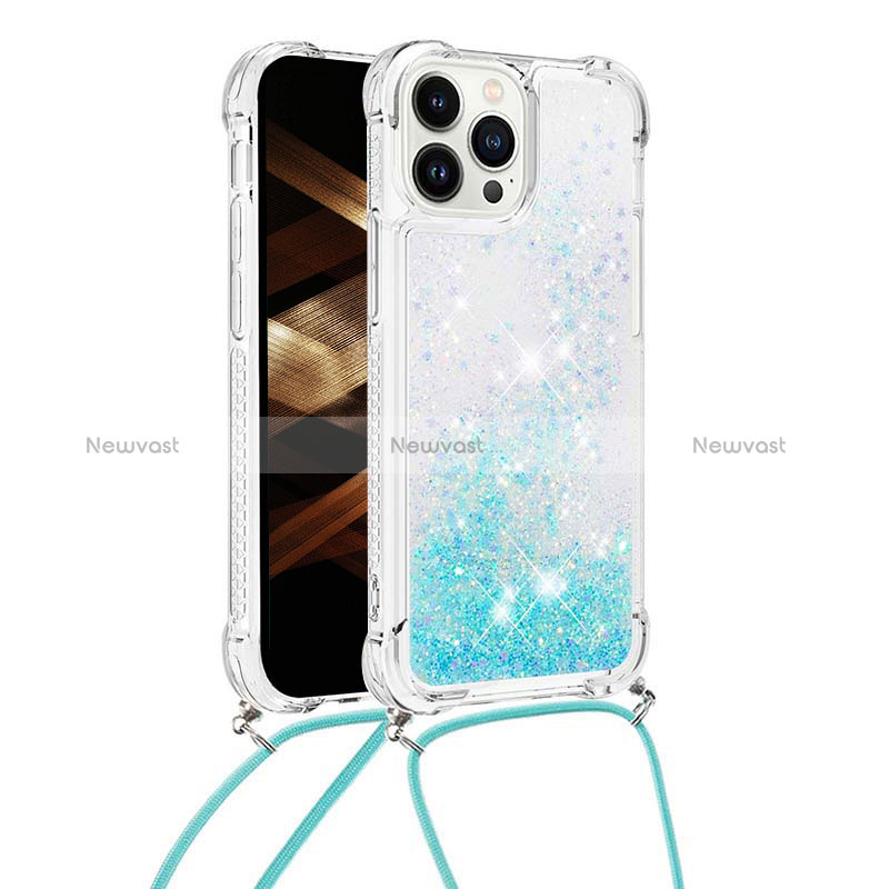 Silicone Candy Rubber TPU Bling-Bling Soft Case Cover with Lanyard Strap S03 for Apple iPhone 14 Pro Max Sky Blue