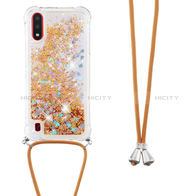 Silicone Candy Rubber TPU Bling-Bling Soft Case Cover with Lanyard Strap S03 for Samsung Galaxy A01 SM-A015 Gold