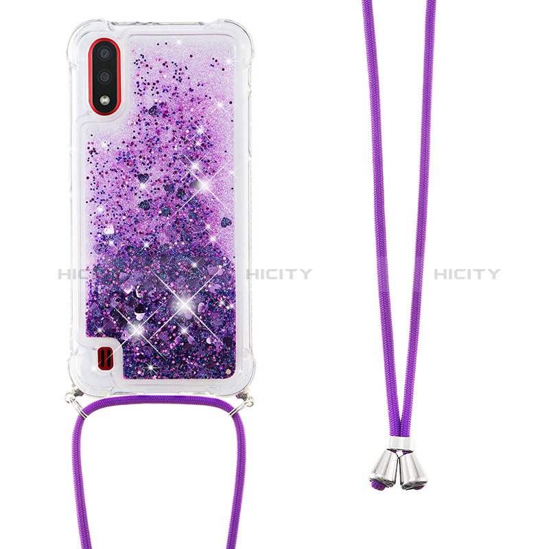Silicone Candy Rubber TPU Bling-Bling Soft Case Cover with Lanyard Strap S03 for Samsung Galaxy A01 SM-A015 Purple