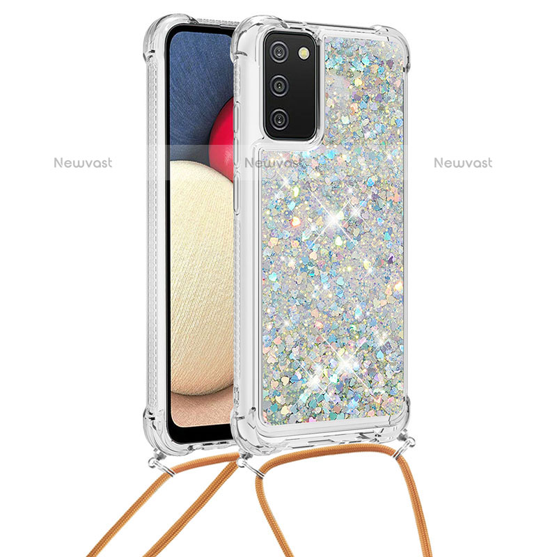 Silicone Candy Rubber TPU Bling-Bling Soft Case Cover with Lanyard Strap S03 for Samsung Galaxy A02s